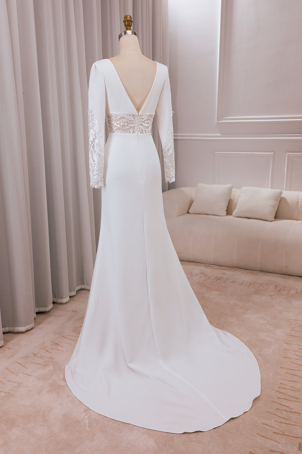 Ivory Mermaid Deep V-Neck Long Sleeves Crepe and Lace Wedding Dress Sexy