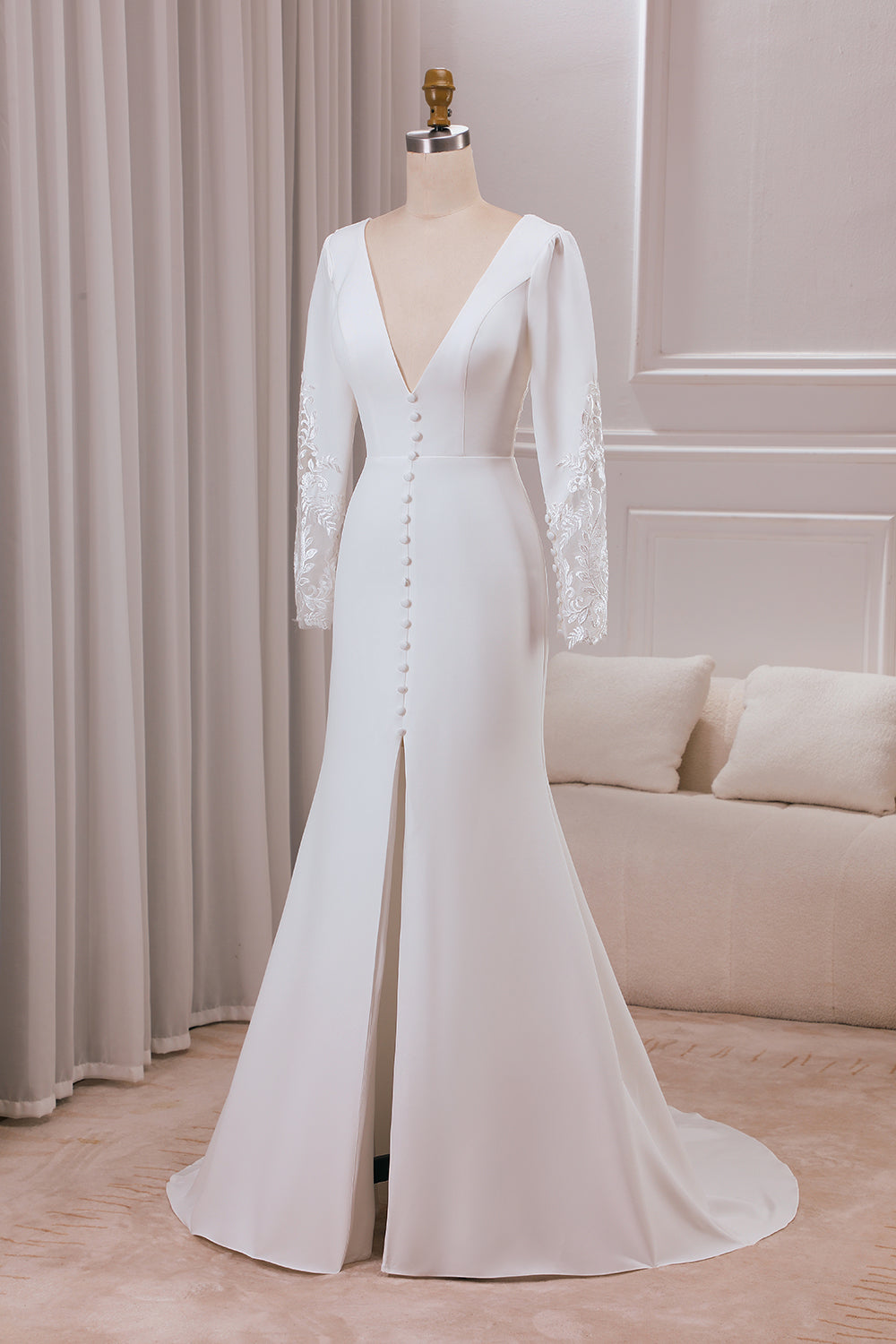 Ivory Mermaid Deep V-Neck Long Sleeves Crepe and Lace Wedding Dress Sexy