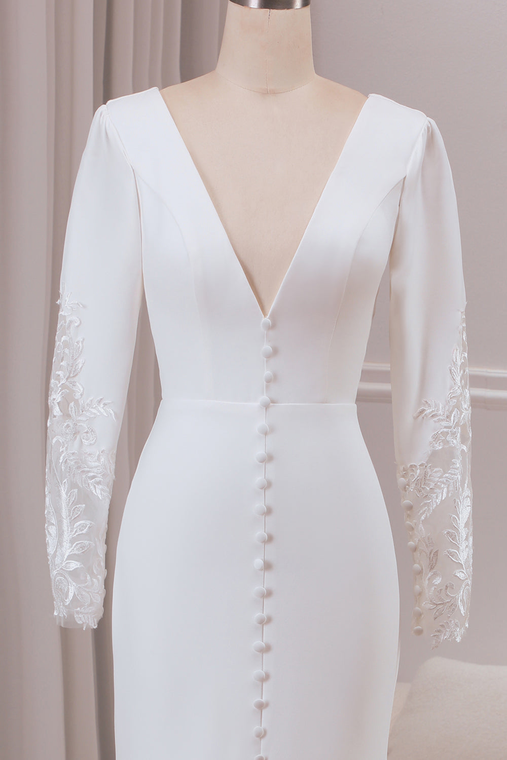 Ivory Mermaid Deep V-Neck Long Sleeves Crepe and Lace Wedding Dress Sexy