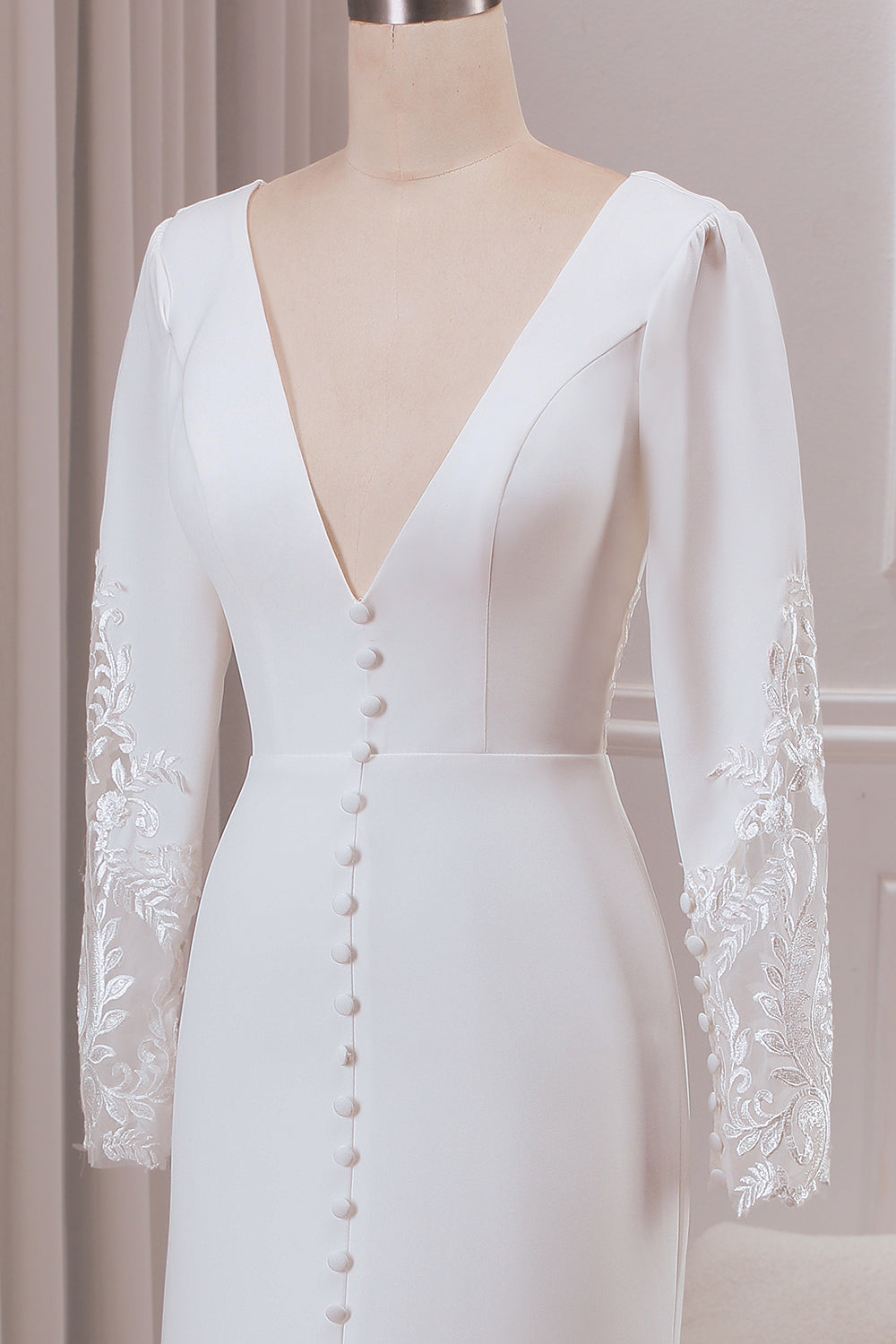 Ivory Mermaid Deep V-Neck Long Sleeves Crepe and Lace Wedding Dress Sexy