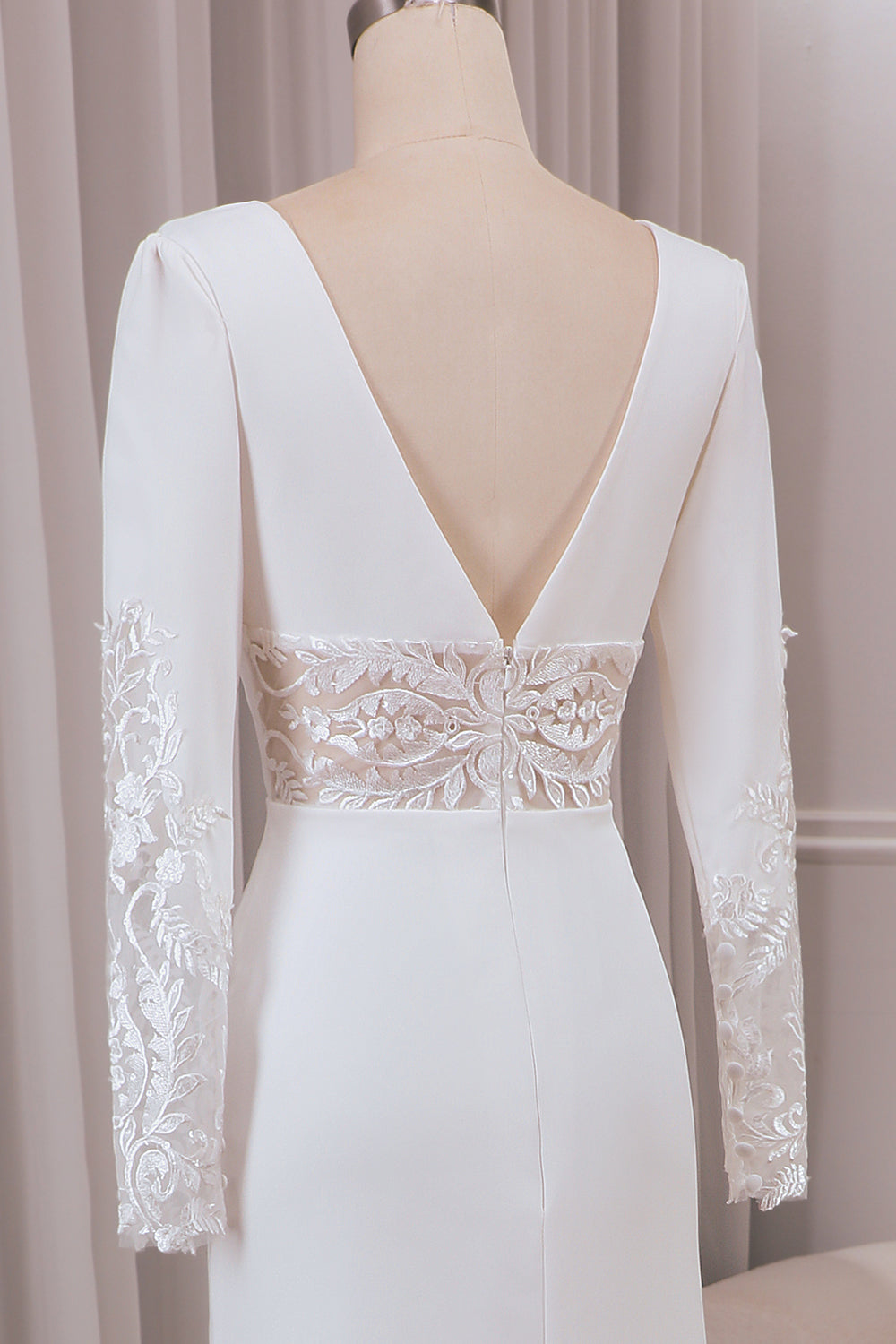 Ivory Mermaid Deep V-Neck Long Sleeves Crepe and Lace Wedding Dress Sexy