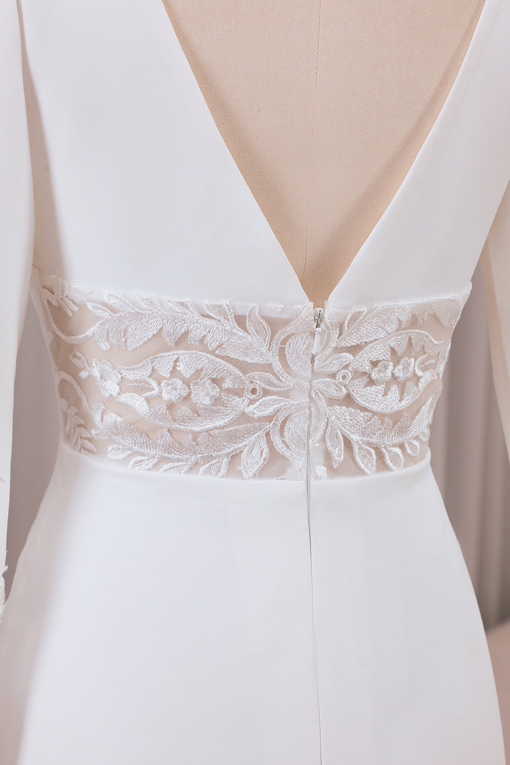 Ivory Mermaid Deep V-Neck Long Sleeves Crepe and Lace Wedding Dress Sexy
