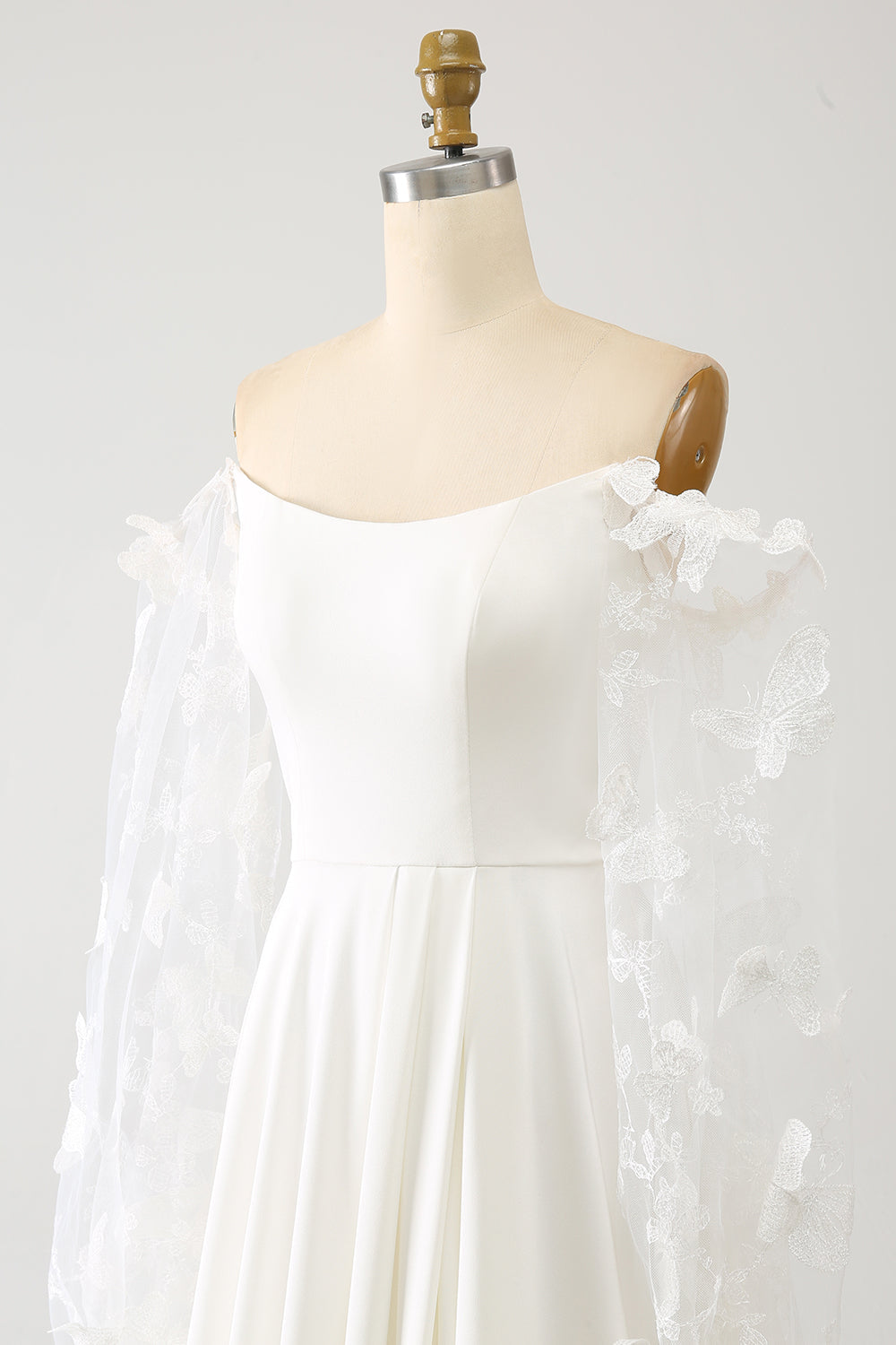 Ivory A Line Off The Shoulder Bridal Dress With 3D Butterflies Long Sleeves Sexy