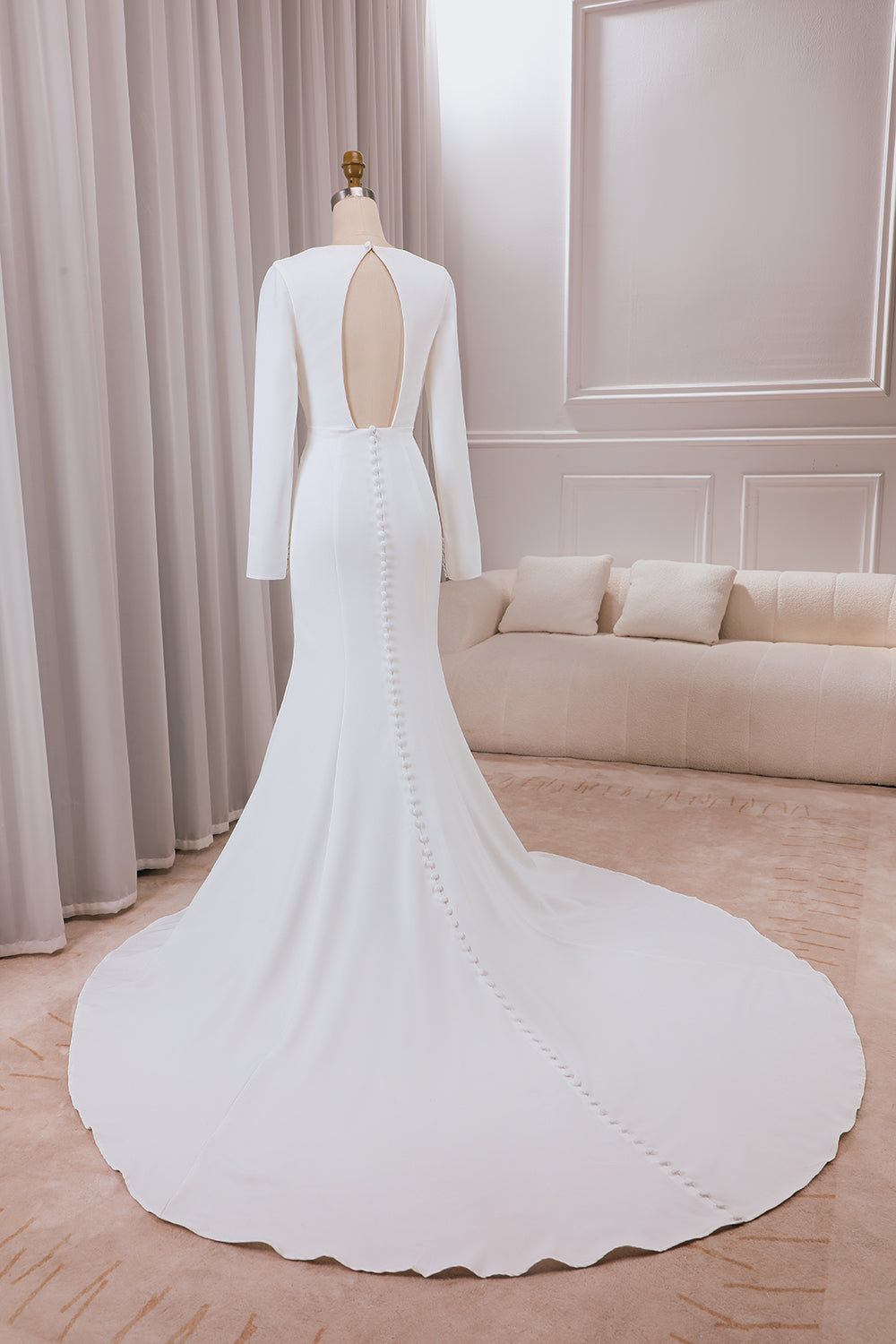 Ivory Mermaid Deep V-Neck Long Sleeves Crepe Wedding Dress with Front Slit Sexy