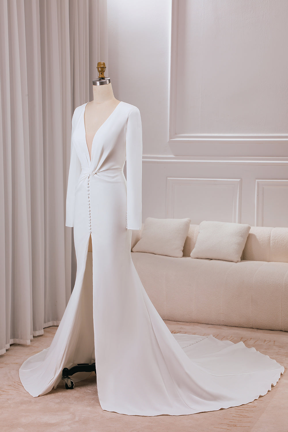 Ivory Mermaid Deep V-Neck Long Sleeves Crepe Wedding Dress with Front Slit Sexy