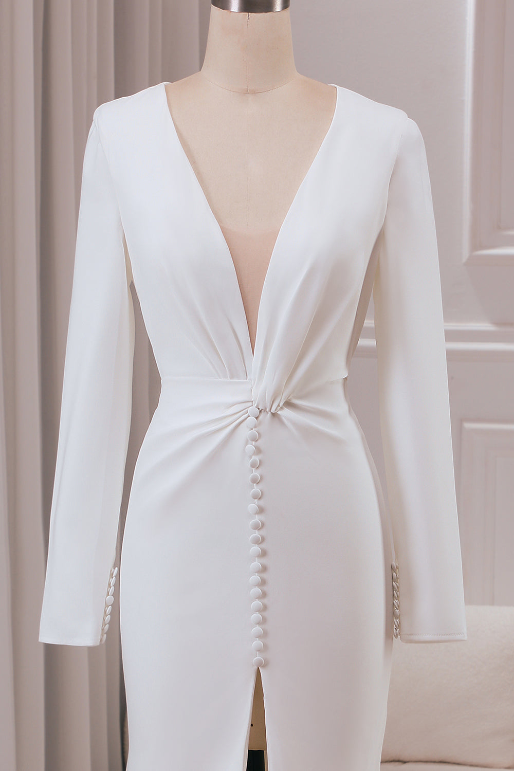 Ivory Mermaid Deep V-Neck Long Sleeves Crepe Wedding Dress with Front Slit Sexy