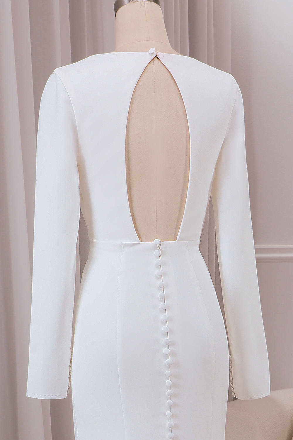 Ivory Mermaid Deep V-Neck Long Sleeves Crepe Wedding Dress with Front Slit Sexy