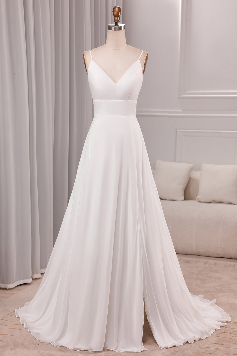 Ivory A Line Spaghetti Straps Sweep Train Bridal Dress With Slit V-neck