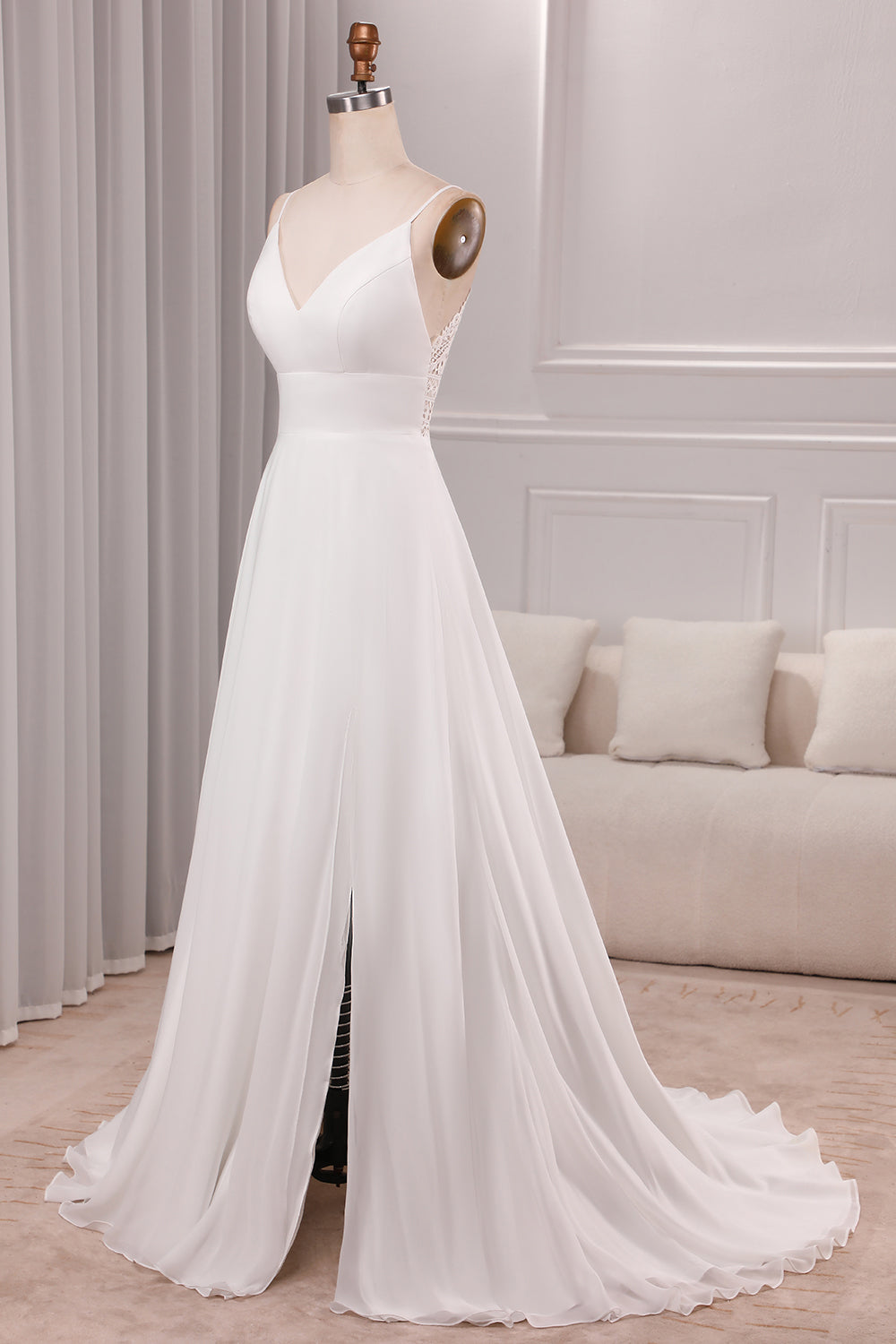 Ivory A Line Spaghetti Straps Sweep Train Bridal Dress With Slit V-neck