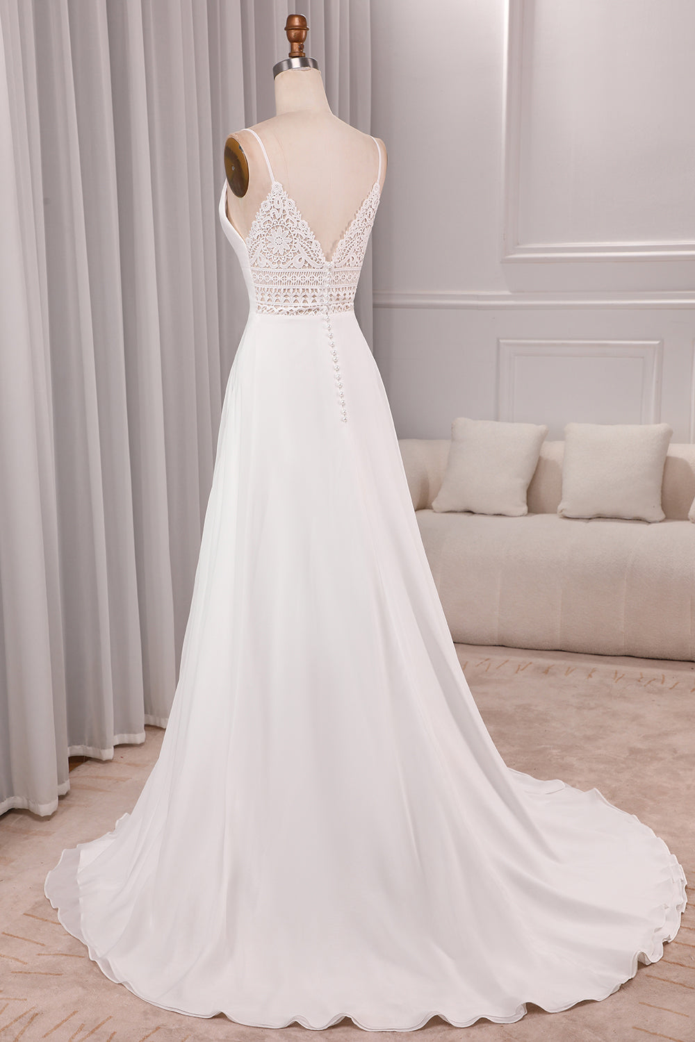 Ivory A Line Spaghetti Straps Sweep Train Bridal Dress With Slit V-neck
