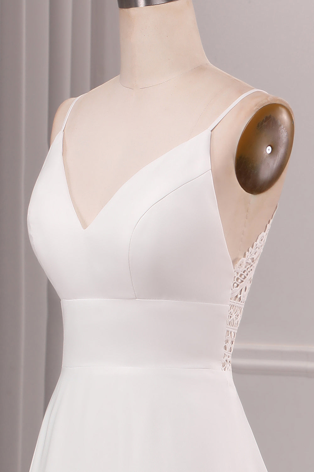 Ivory A Line Spaghetti Straps Sweep Train Bridal Dress With Slit V-neck