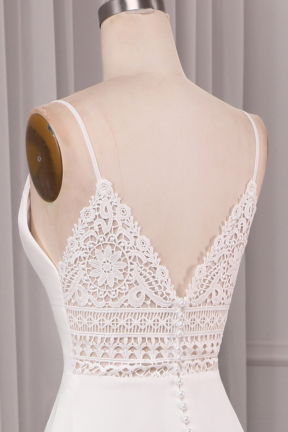 Ivory A Line Spaghetti Straps Sweep Train Bridal Dress With Slit V-neck