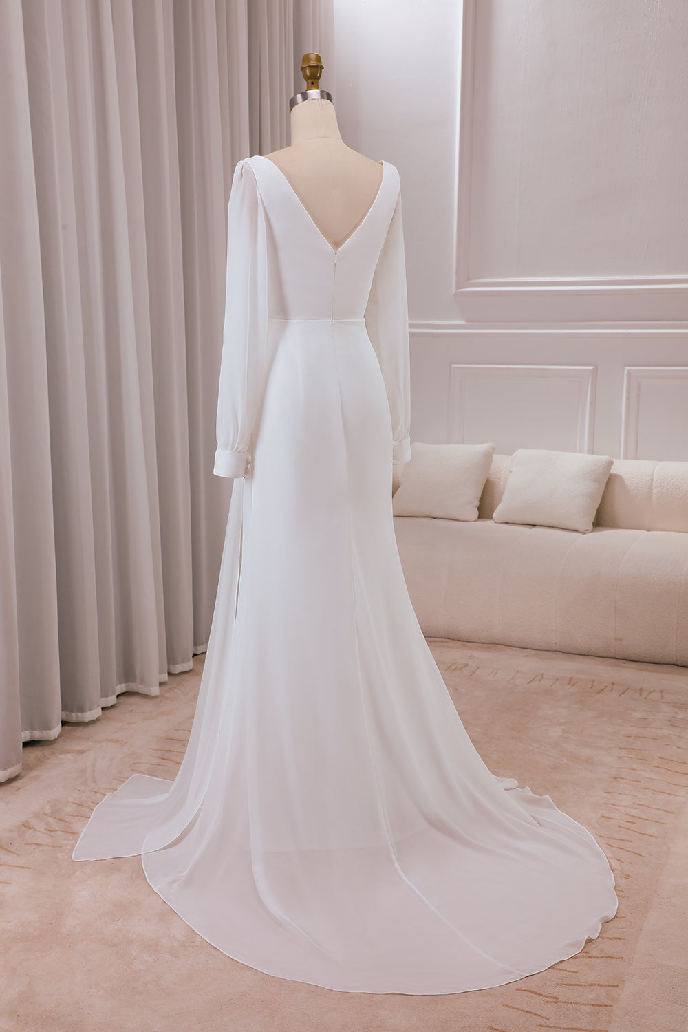 Ivory A-Line V-Neck Long Sleeves Chiffon Wedding Dress With Slit Sexy