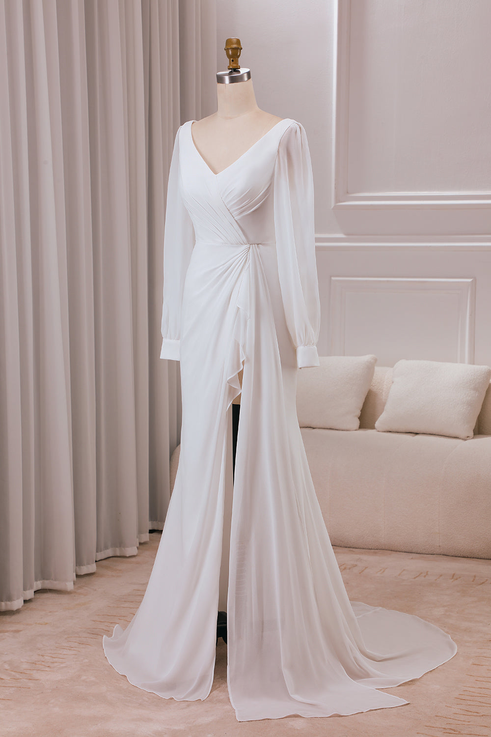 Ivory A-Line V-Neck Long Sleeves Chiffon Wedding Dress With Slit Sexy