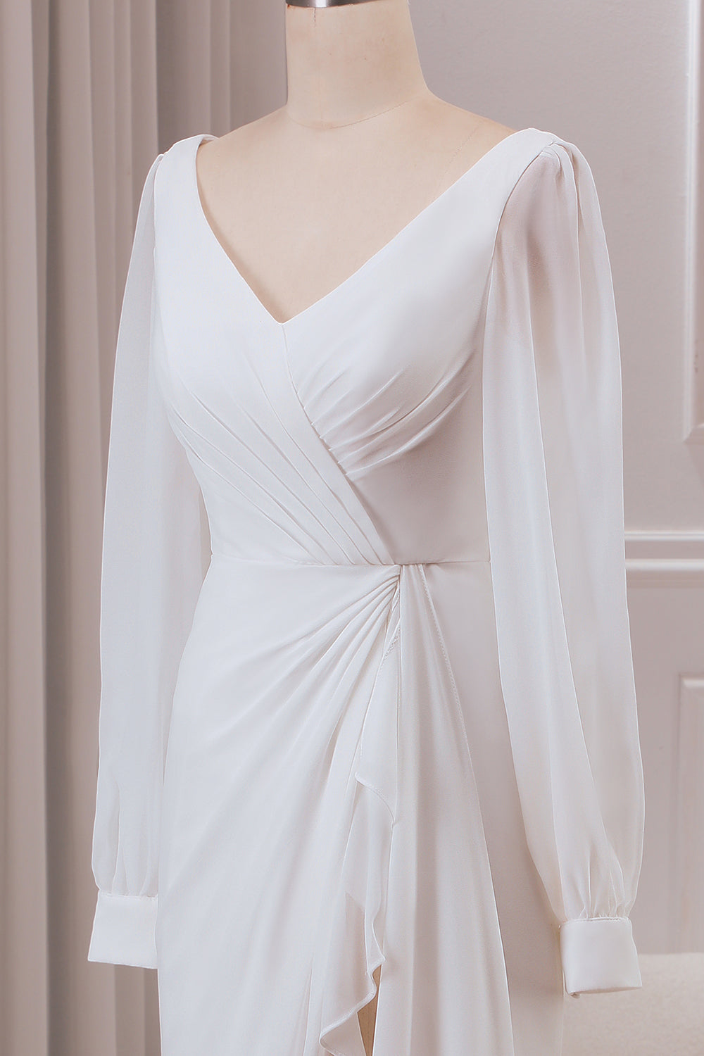 Ivory A-Line V-Neck Long Sleeves Chiffon Wedding Dress With Slit Sexy