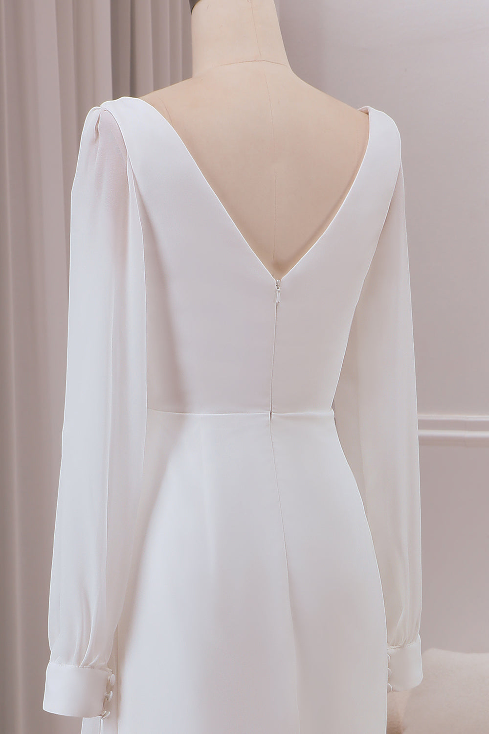 Ivory A-Line V-Neck Long Sleeves Chiffon Wedding Dress With Slit Sexy