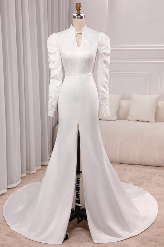 Elegant Ivory Mermaid High Neck Long Sleeve Modest Wedding Gown Sexy