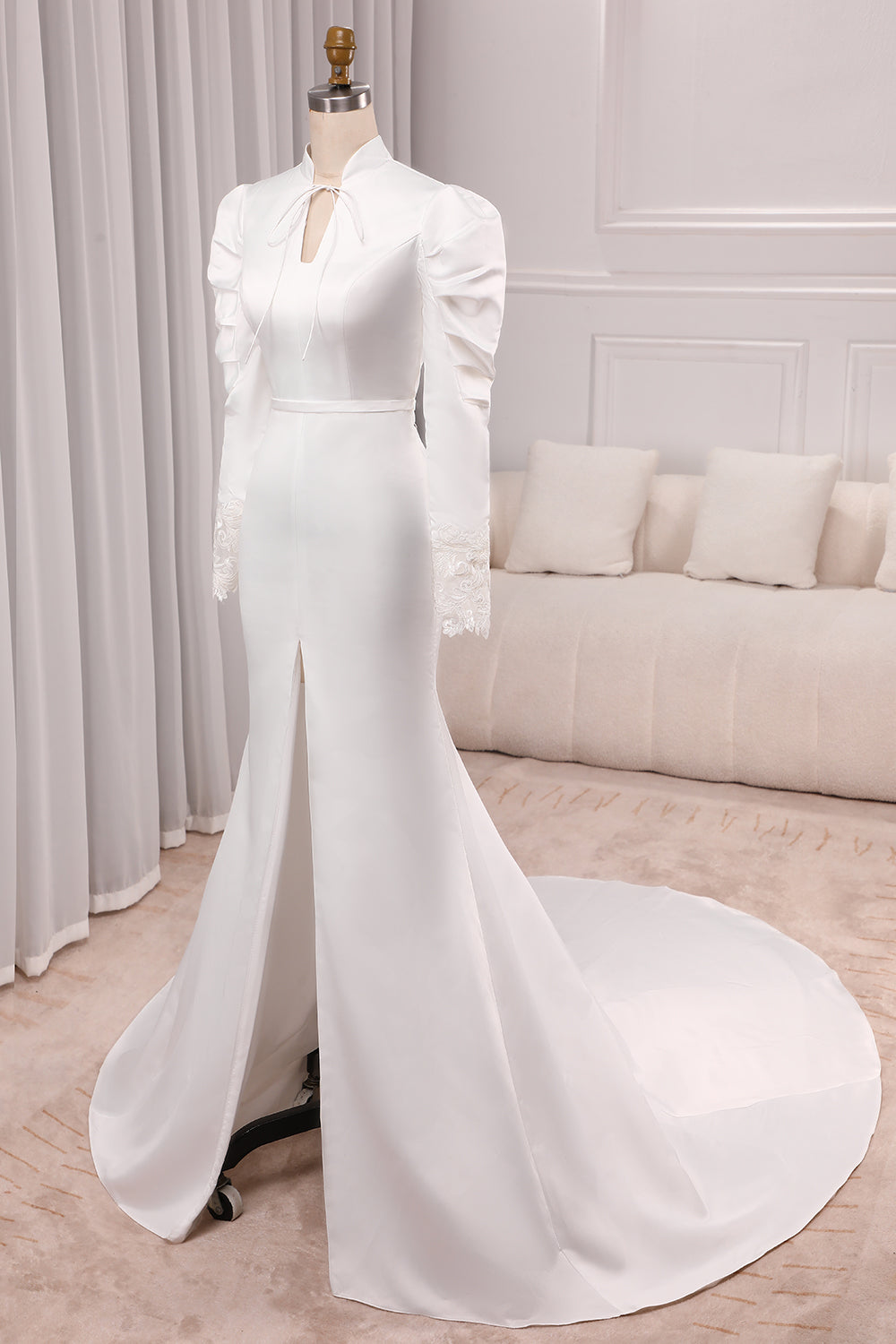 Elegant Ivory Mermaid High Neck Long Sleeve Modest Wedding Gown Sexy