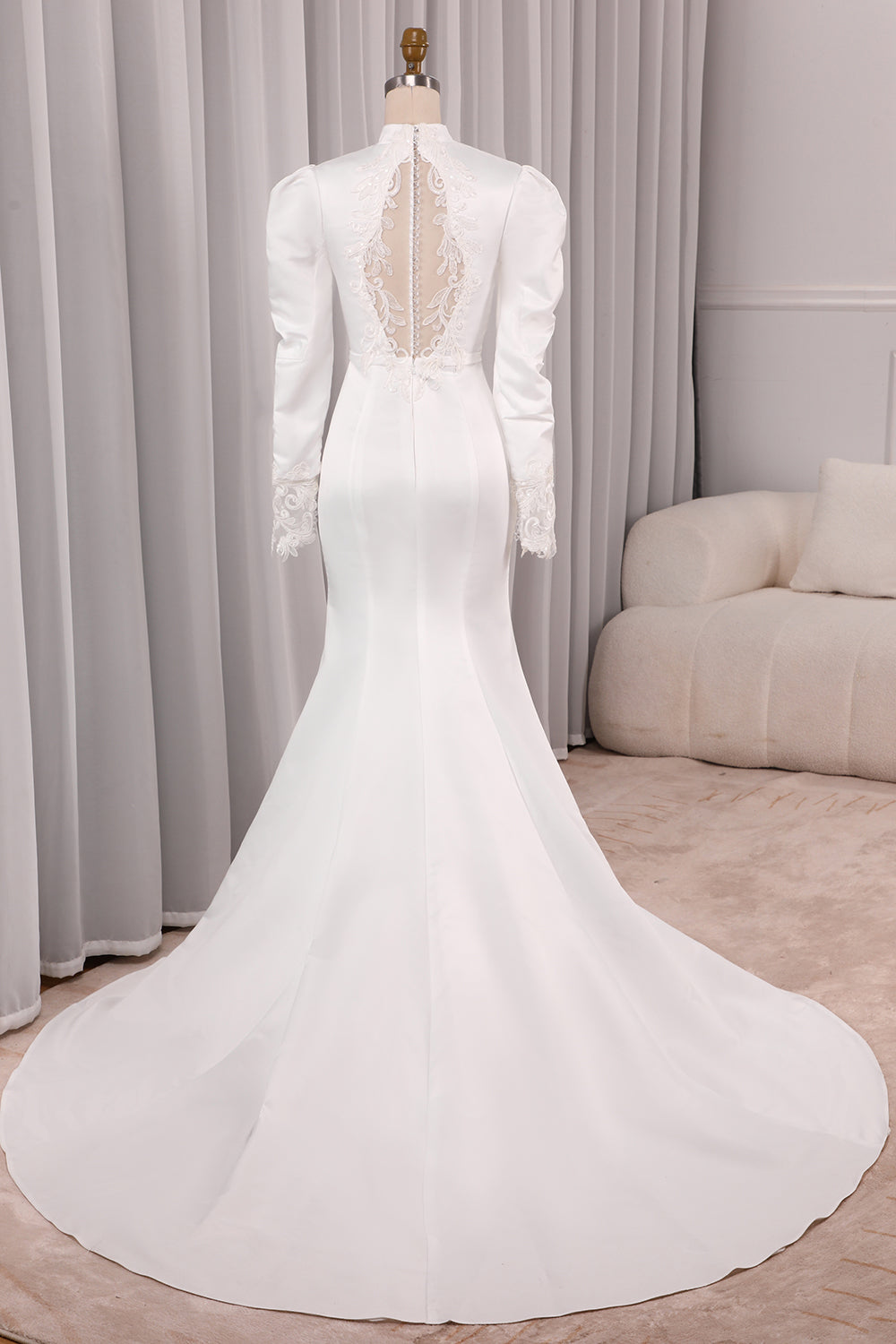 Elegant Ivory Mermaid High Neck Long Sleeve Modest Wedding Gown Sexy