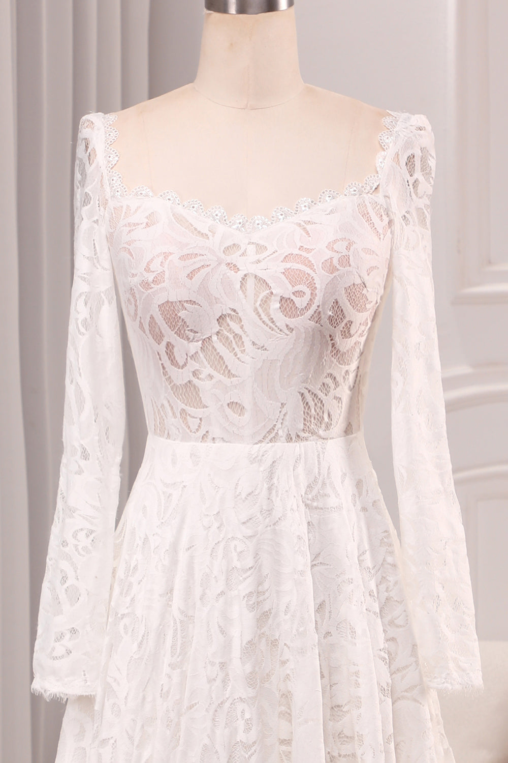 Ivory A Line Square Neck Corset Lace Chapel Train Bridal Dresses With Long Sleeves Beautiful