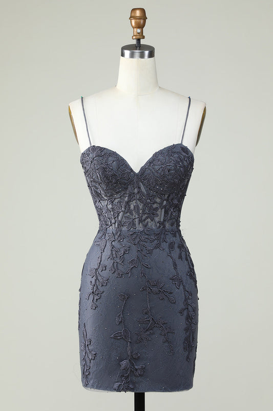 Spaghetti Straps Tight Homecoming Dress With Appliques Short