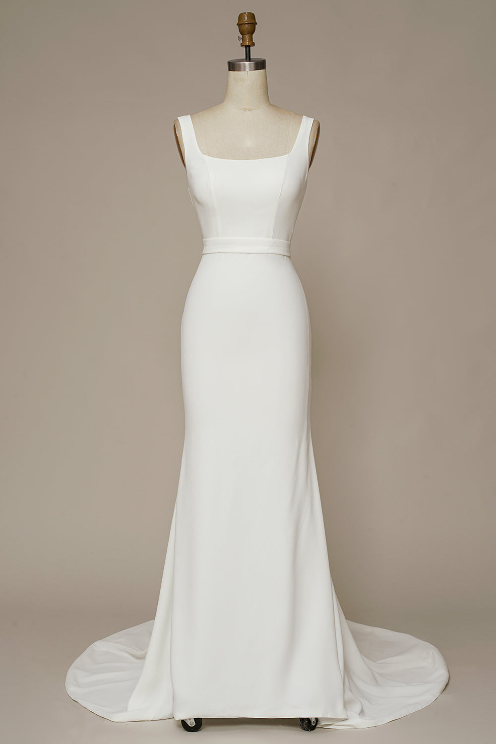 White Mermaid Square Neck Sweep Train Satin Wedding Dress Long