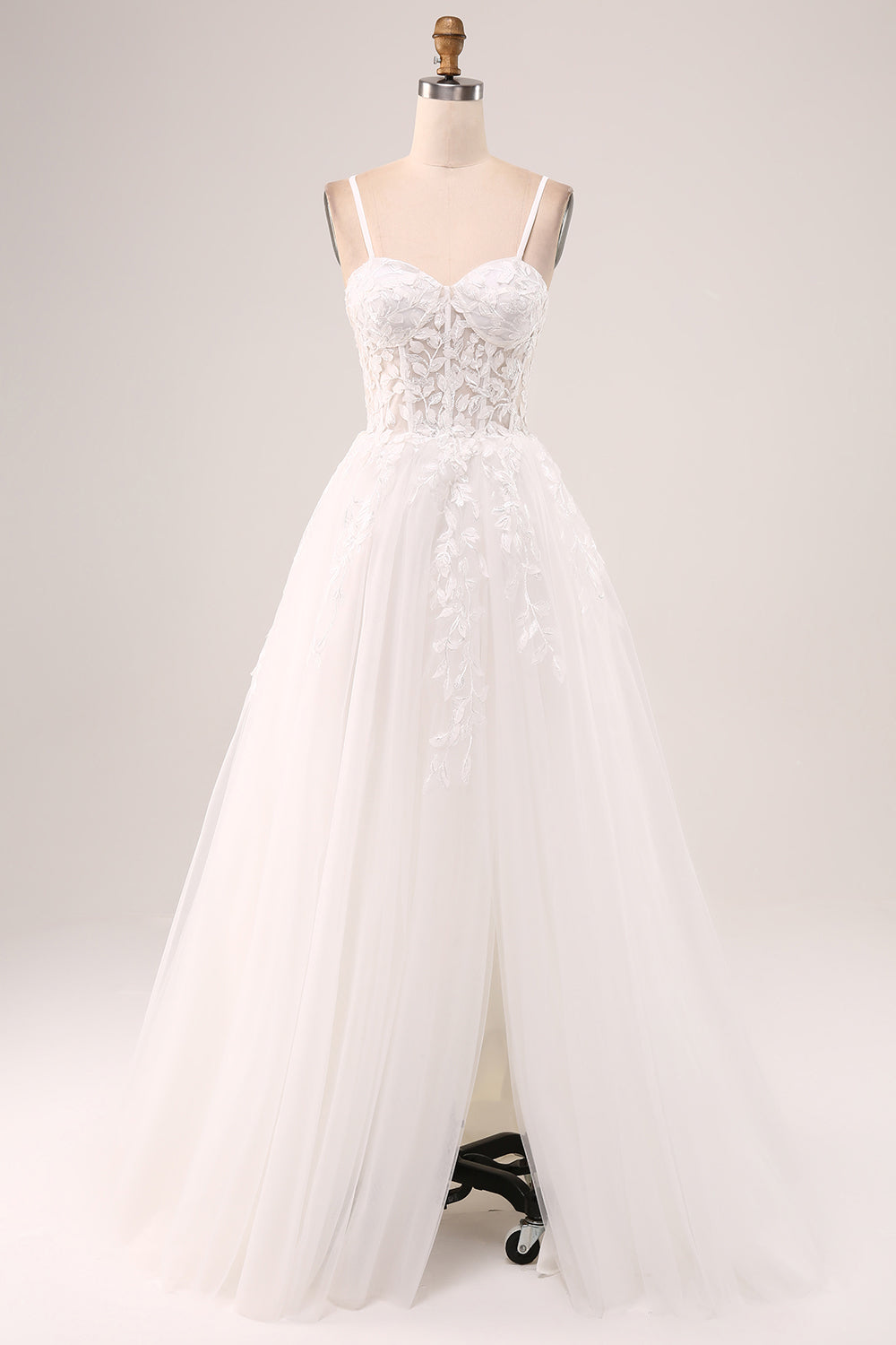 Ivory A-Line Spaghetti Straps Lace Appliques Tulle Wedding Dress with Slit Sexy