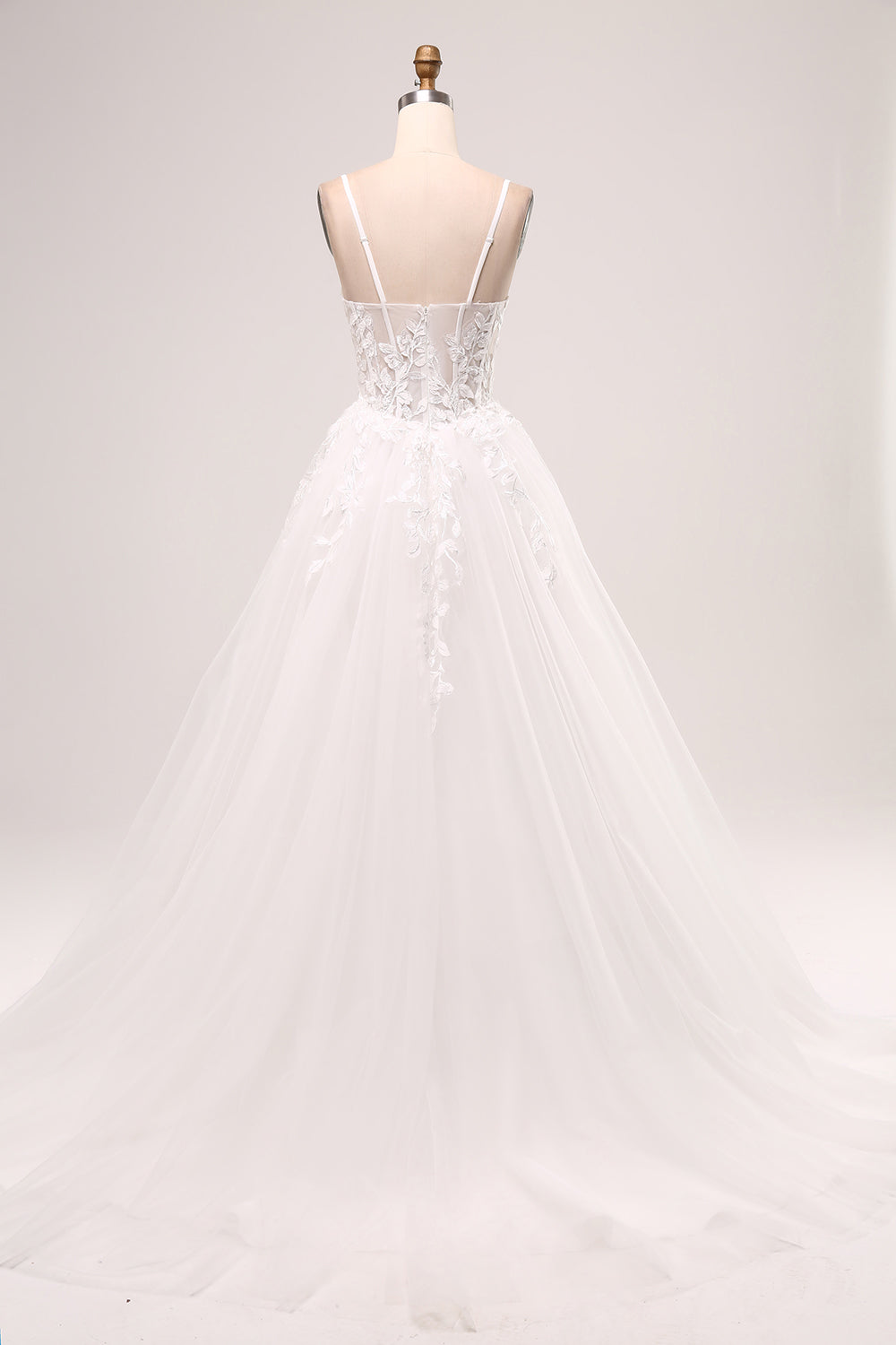 Ivory A-Line Spaghetti Straps Lace Appliques Tulle Wedding Dress with Slit Sexy