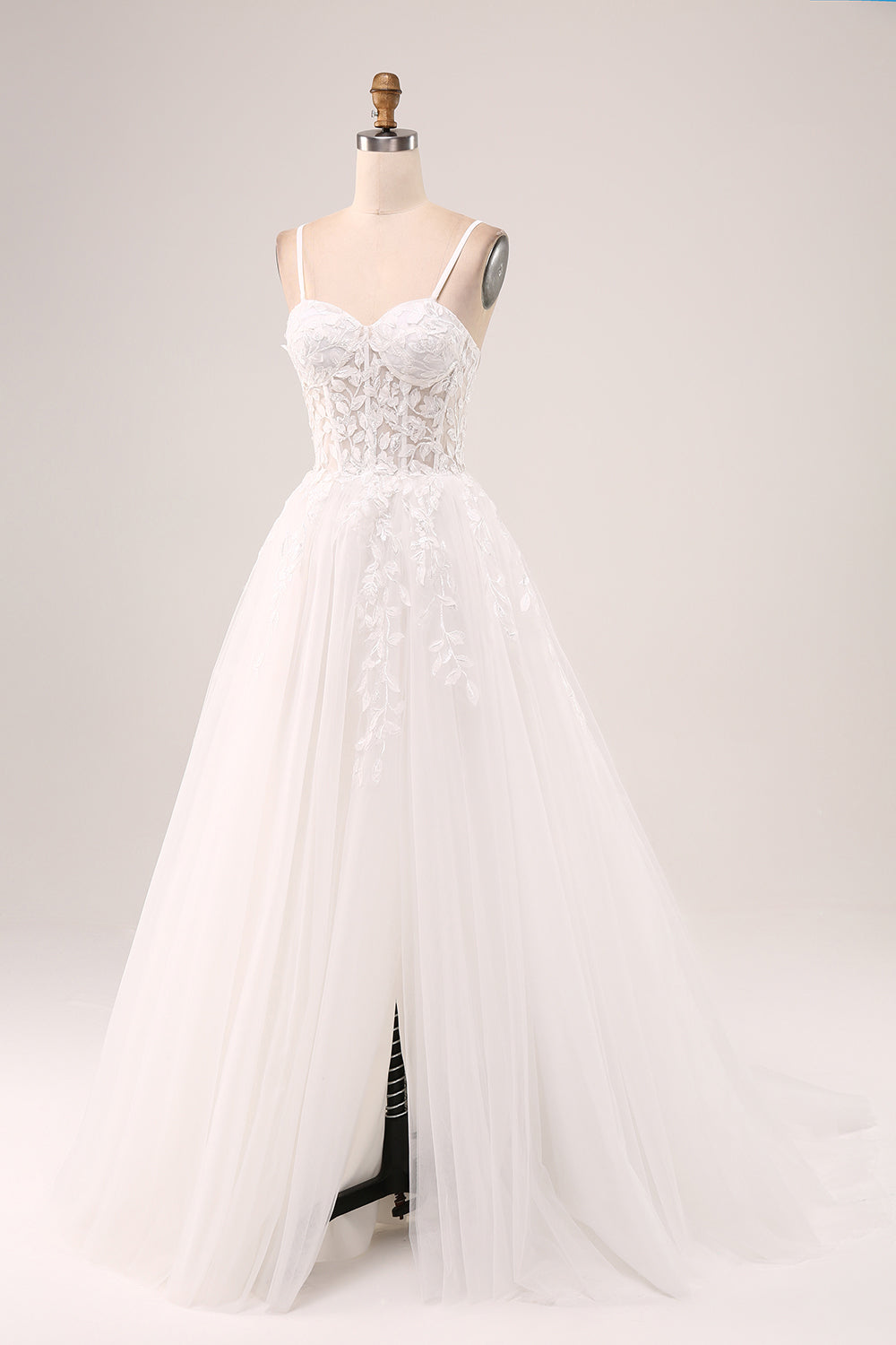 Ivory A-Line Spaghetti Straps Lace Appliques Tulle Wedding Dress with Slit Sexy