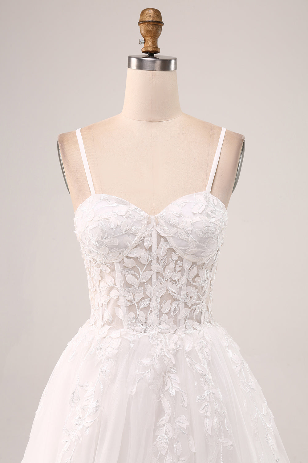 Ivory A-Line Spaghetti Straps Lace Appliques Tulle Wedding Dress with Slit Sexy