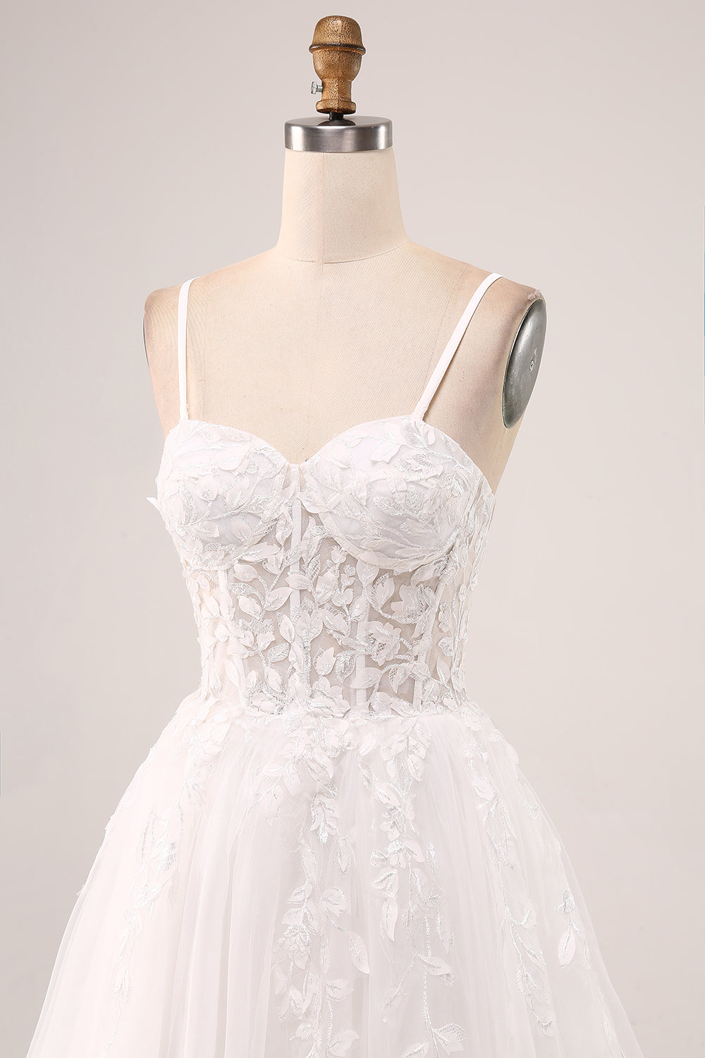 Ivory A-Line Spaghetti Straps Lace Appliques Tulle Wedding Dress with Slit Sexy