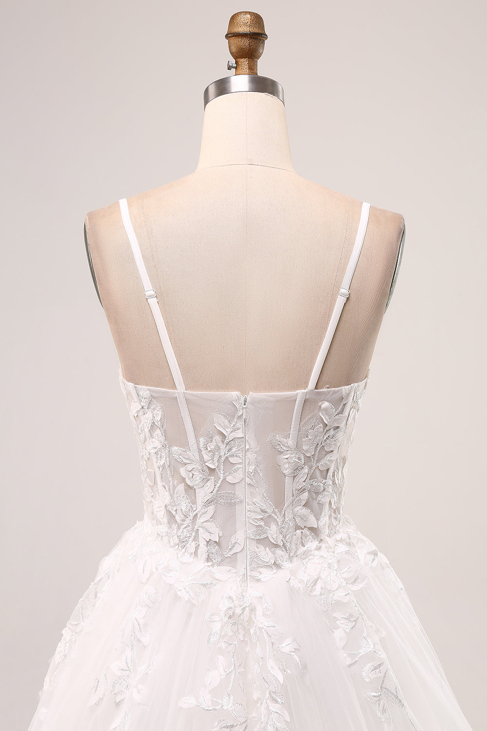 Ivory A-Line Spaghetti Straps Lace Appliques Tulle Wedding Dress with Slit Sexy