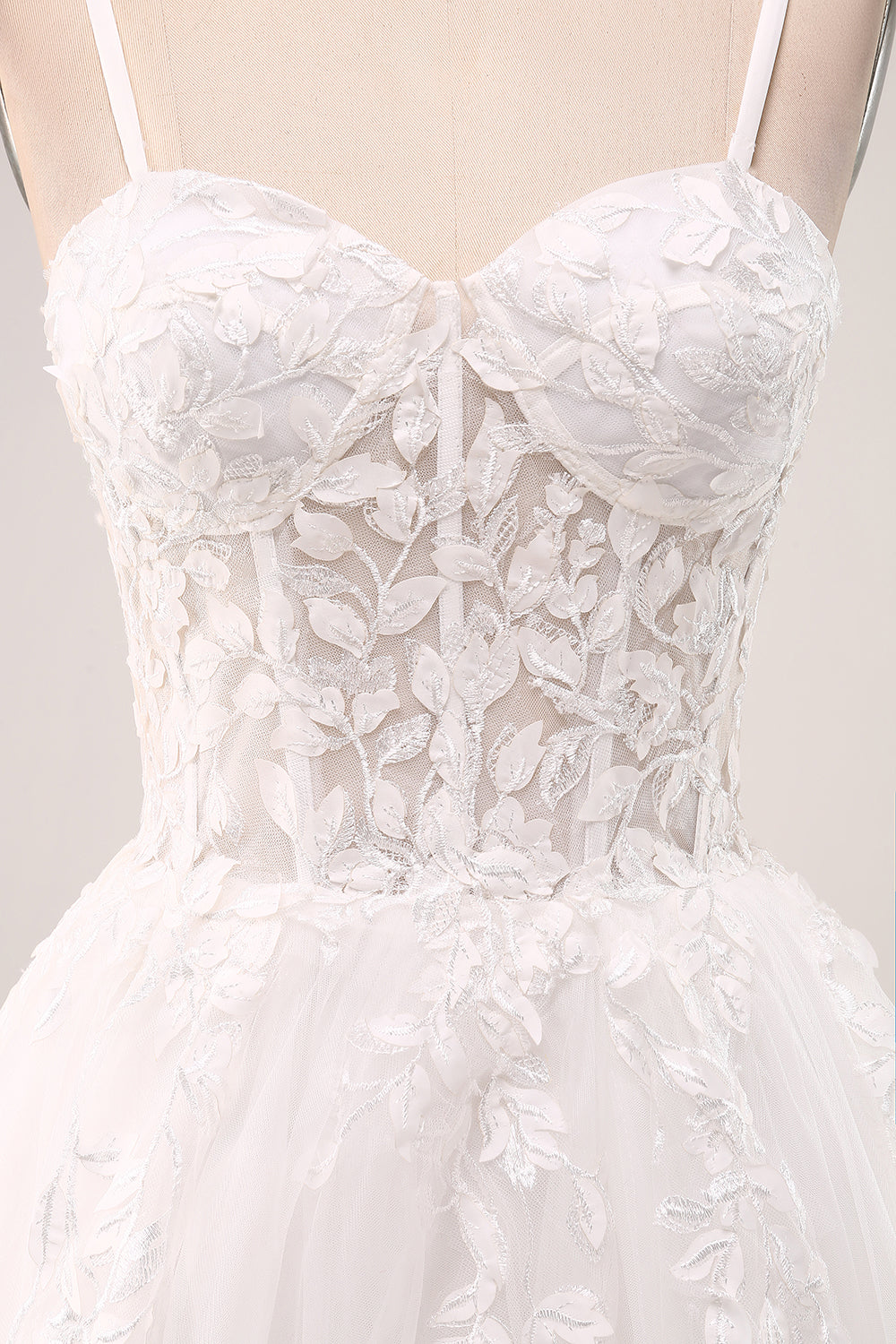 Ivory A-Line Spaghetti Straps Lace Appliques Tulle Wedding Dress with Slit Sexy