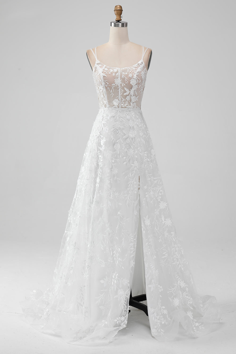 Ivory A Line Spaghetti Straps Front Slit Tulle Wedding Dress With Embroidery Sexy