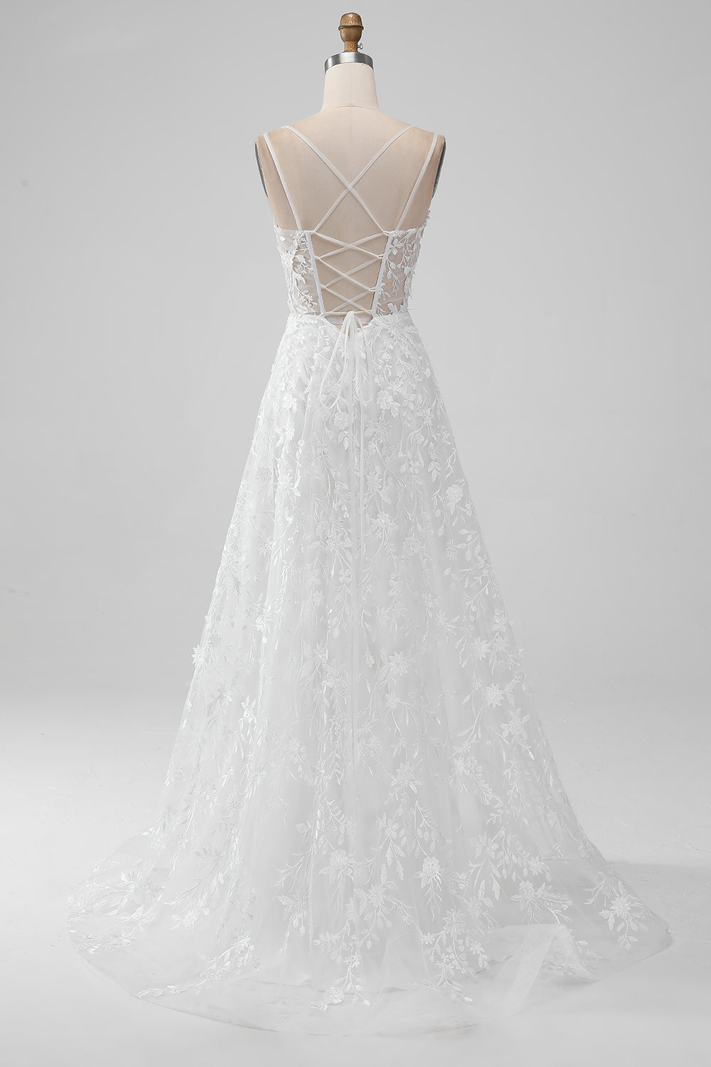 Ivory A Line Spaghetti Straps Front Slit Tulle Wedding Dress With Embroidery Sexy