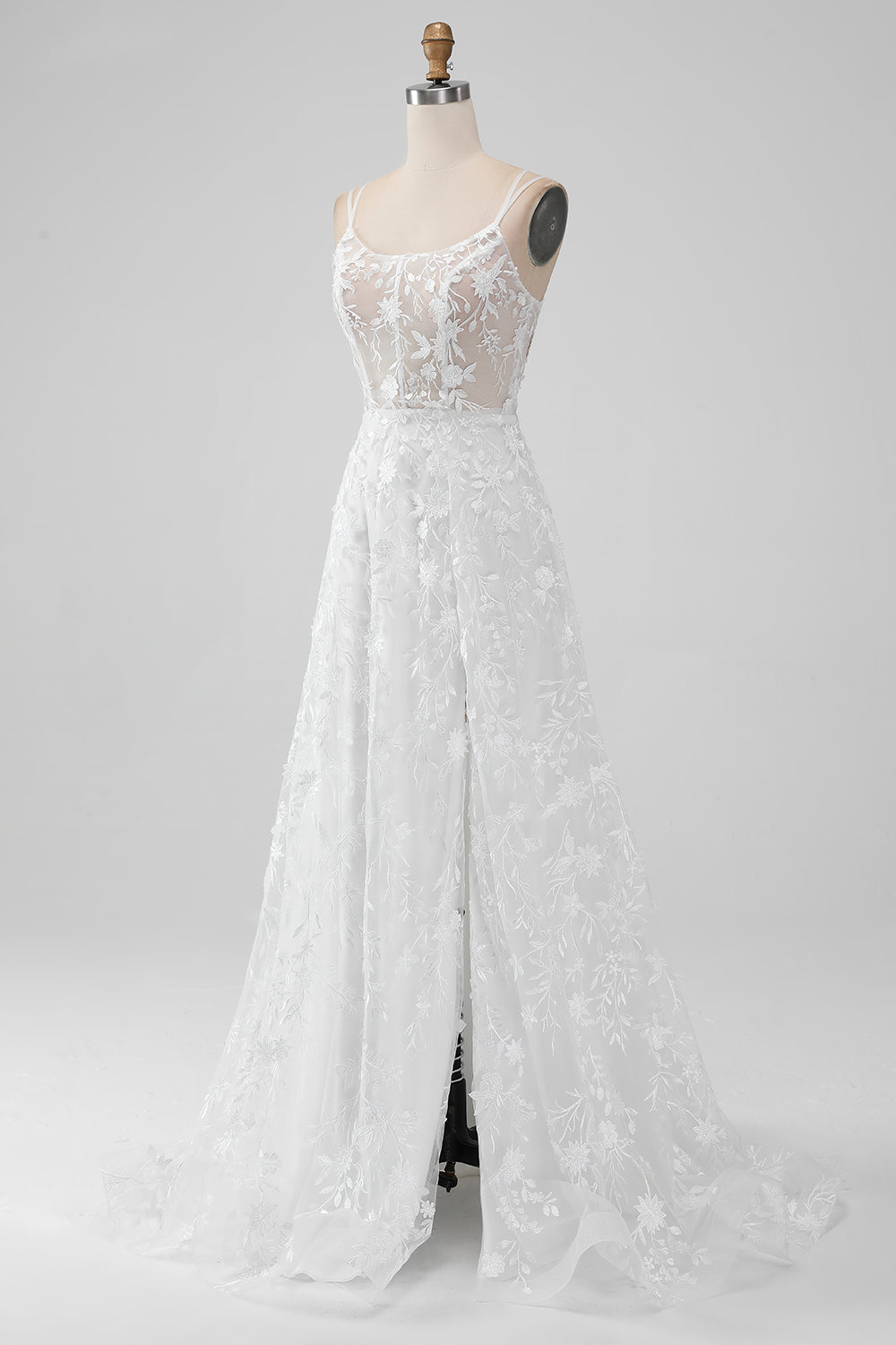 Ivory A Line Spaghetti Straps Front Slit Tulle Wedding Dress With Embroidery Sexy