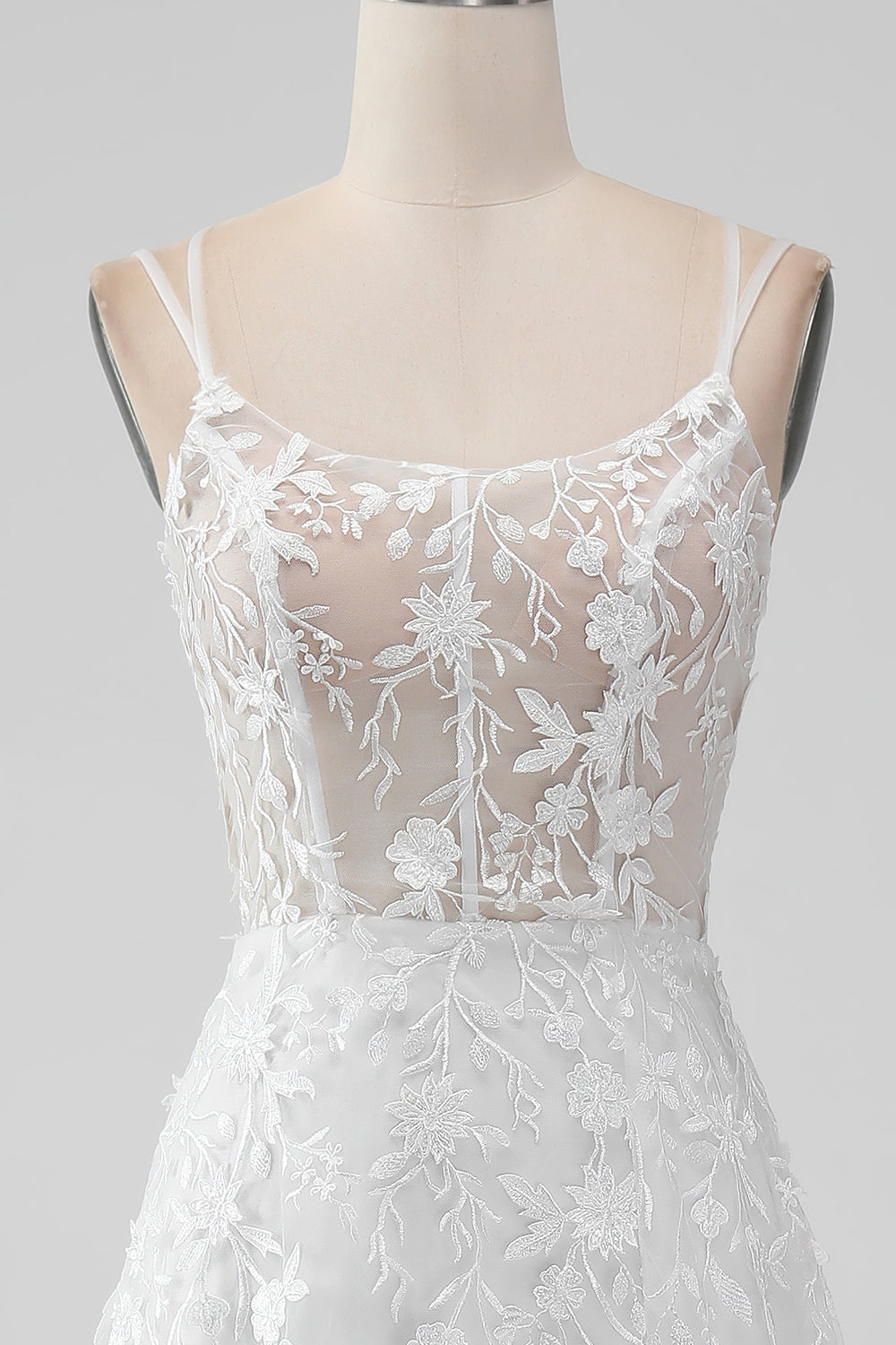 Ivory A Line Spaghetti Straps Front Slit Tulle Wedding Dress With Embroidery Sexy