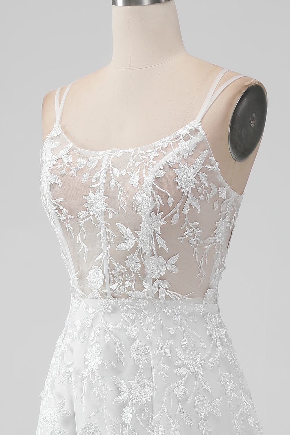 Ivory A Line Spaghetti Straps Front Slit Tulle Wedding Dress With Embroidery Sexy