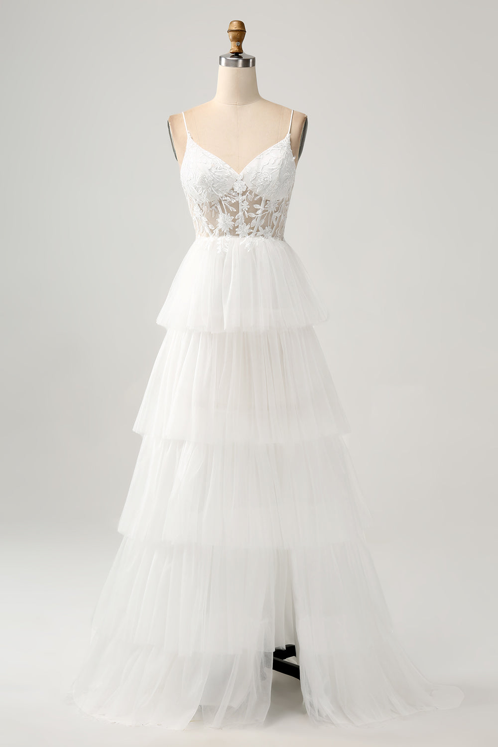 Ivory A-Line Spaghetti Straps Tulle Corset Tiered Wedding Dress With Appliques Sexy