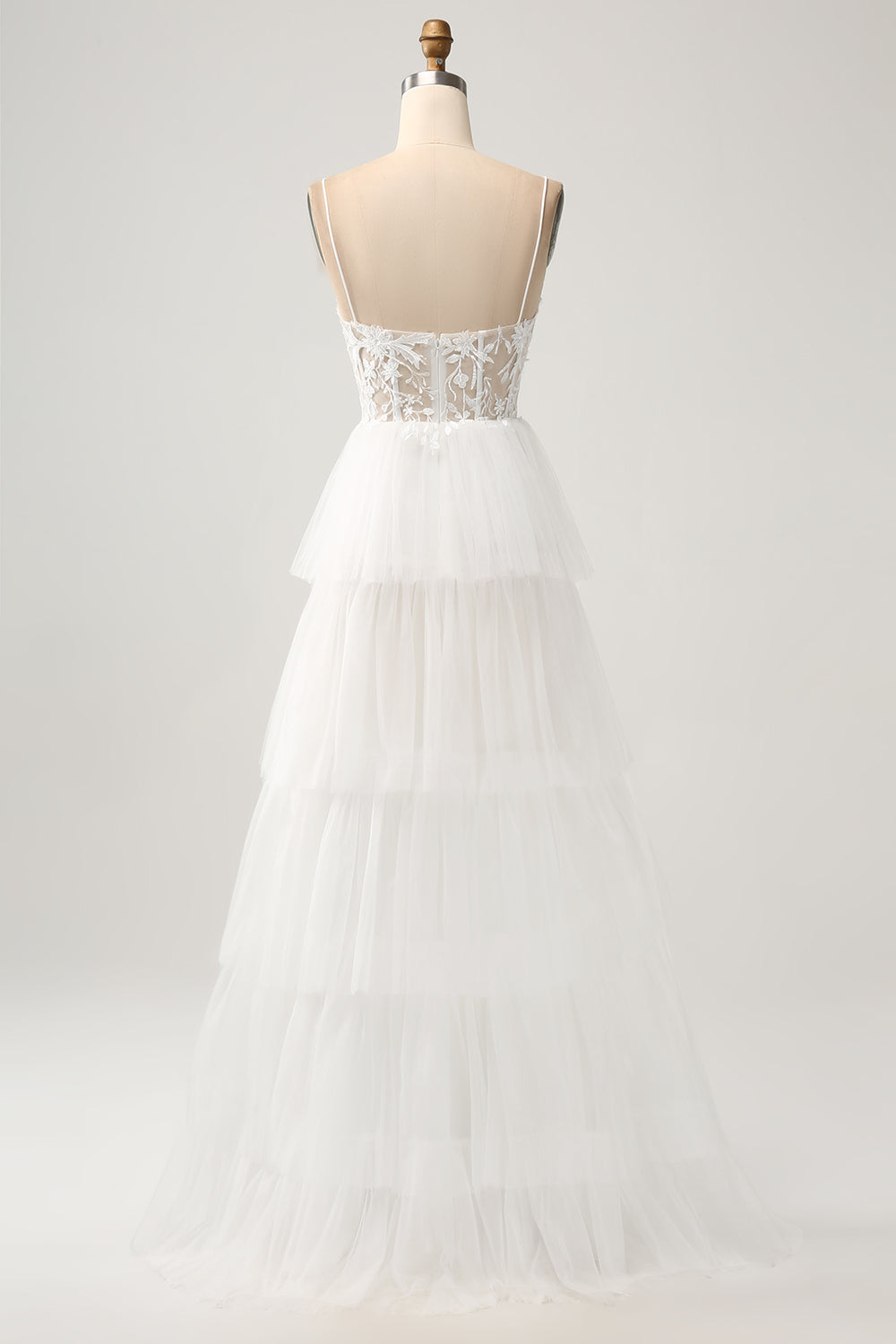 Ivory A-Line Spaghetti Straps Tulle Corset Tiered Wedding Dress With Appliques Sexy
