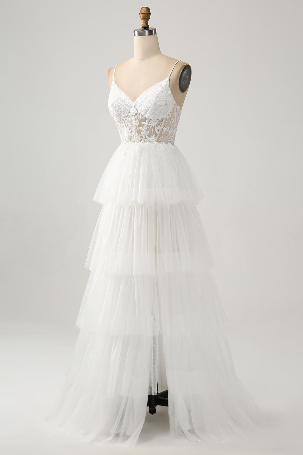Ivory A-Line Spaghetti Straps Tulle Corset Tiered Wedding Dress With Appliques Sexy