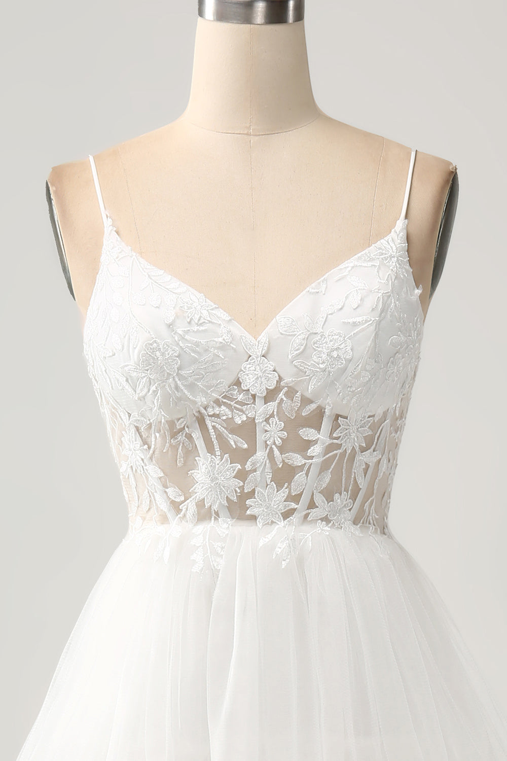 Ivory A-Line Spaghetti Straps Tulle Corset Tiered Wedding Dress With Appliques Sexy