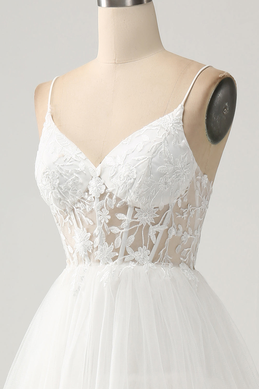 Ivory A-Line Spaghetti Straps Tulle Corset Tiered Wedding Dress With Appliques Sexy