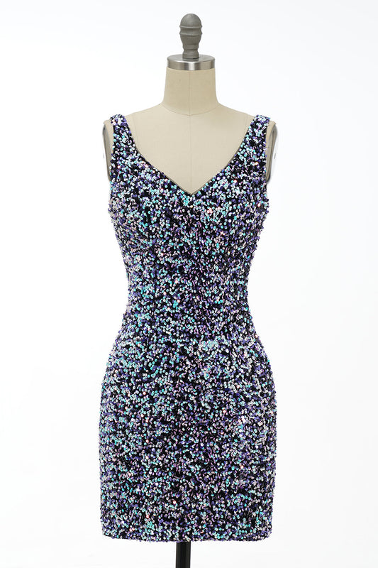 Black V-Neck Sequins Fitted Tight Homecoming Dress Sparkly  Sexy