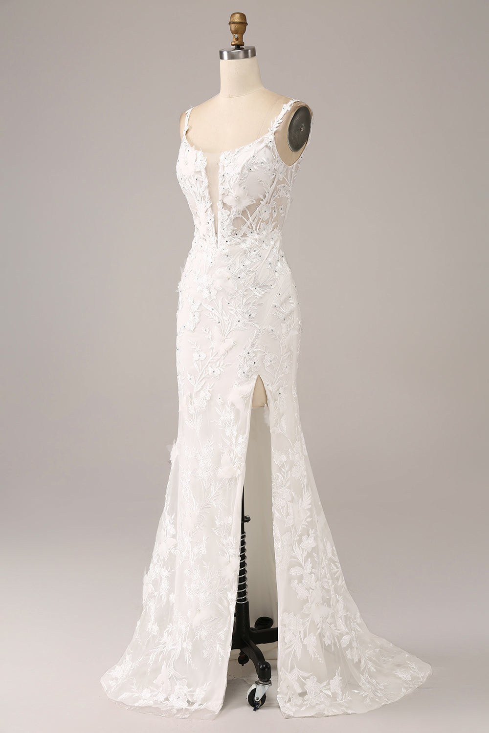Ivory Mermaid Spaghetti Straps Long Corset Wedding Dress with Appliques Sexy