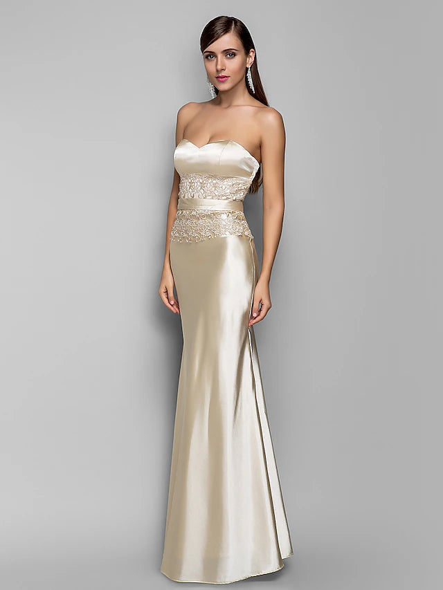 Mermaid / Trumpet Evening Gown Open Back Dress Wedding Guest Floor Length Sleeveless Sweetheart Stretch Satin