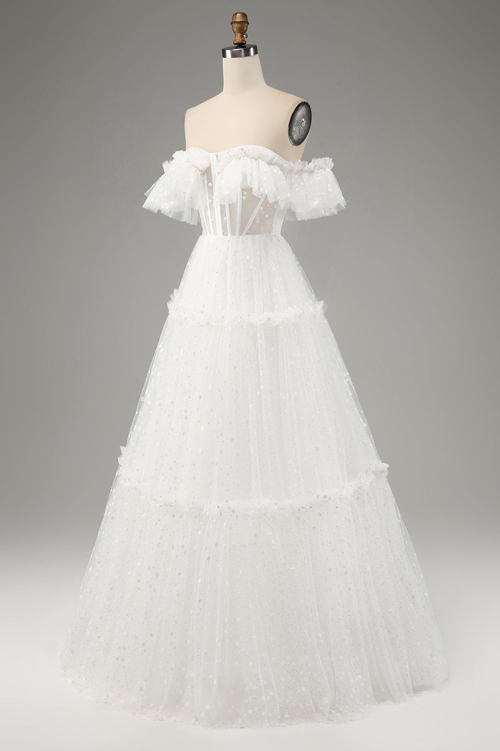 Princess A-Line Off The Shoulder Tiered Long Ivory Wedding Dress Sexy