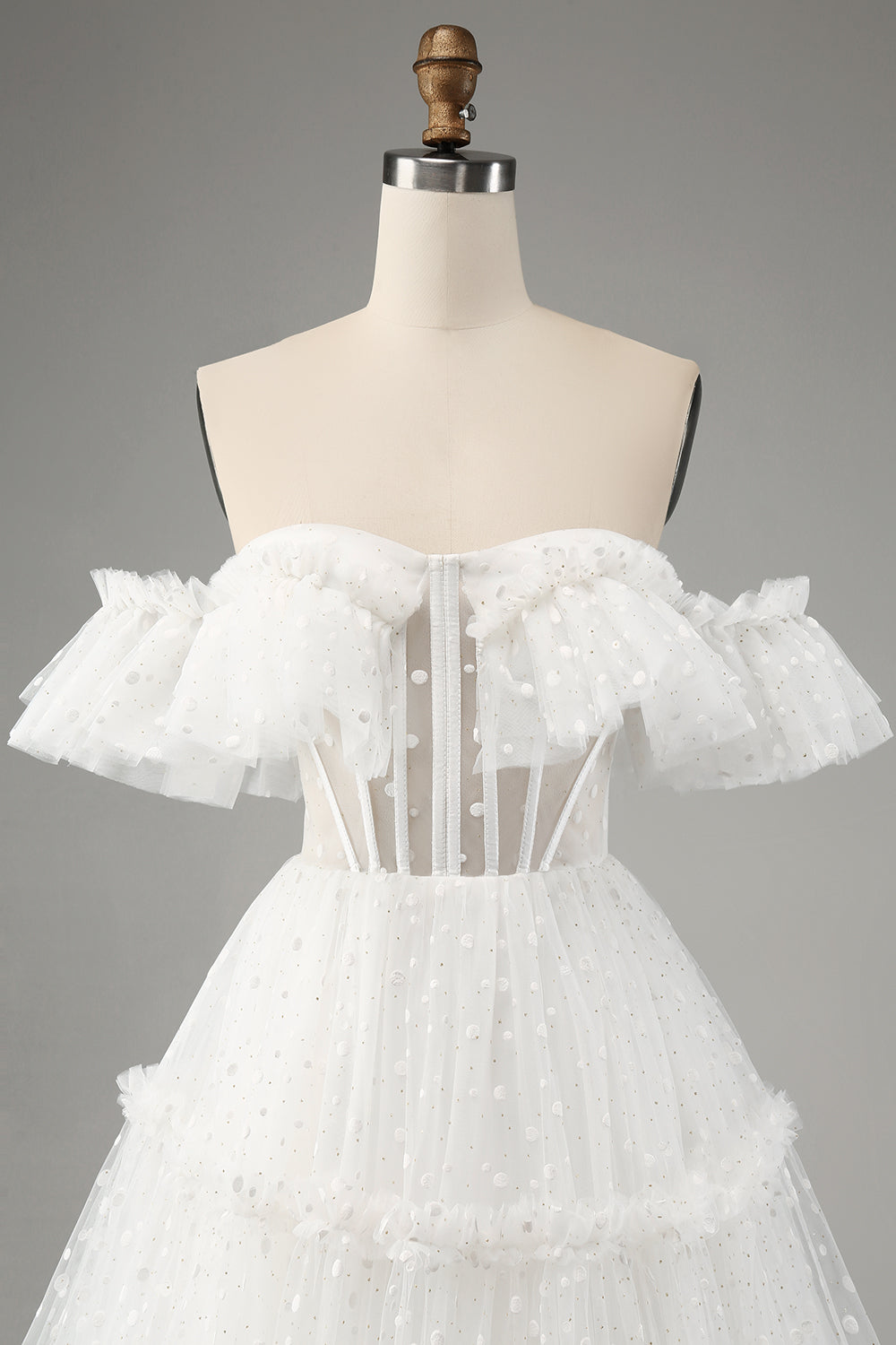 Princess A-Line Off The Shoulder Tiered Long Ivory Wedding Dress Sexy