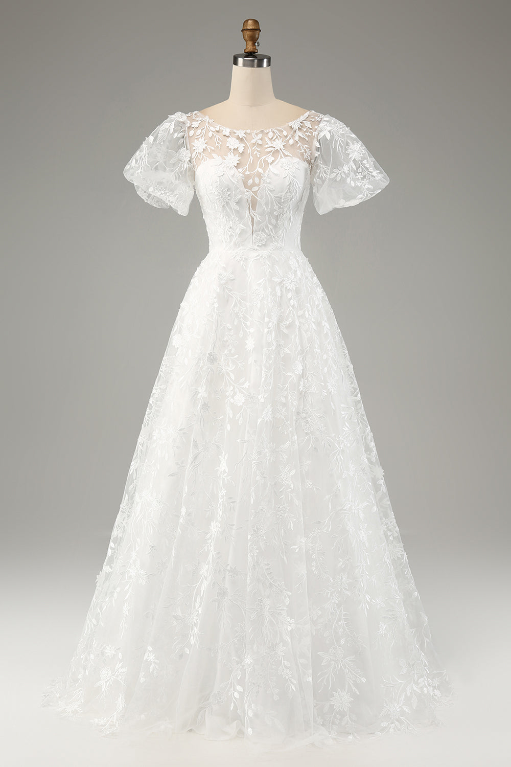Ivory Ball-Gown/Princess Embroidered Long Wedding Dress with Short Sleeves Beautiful