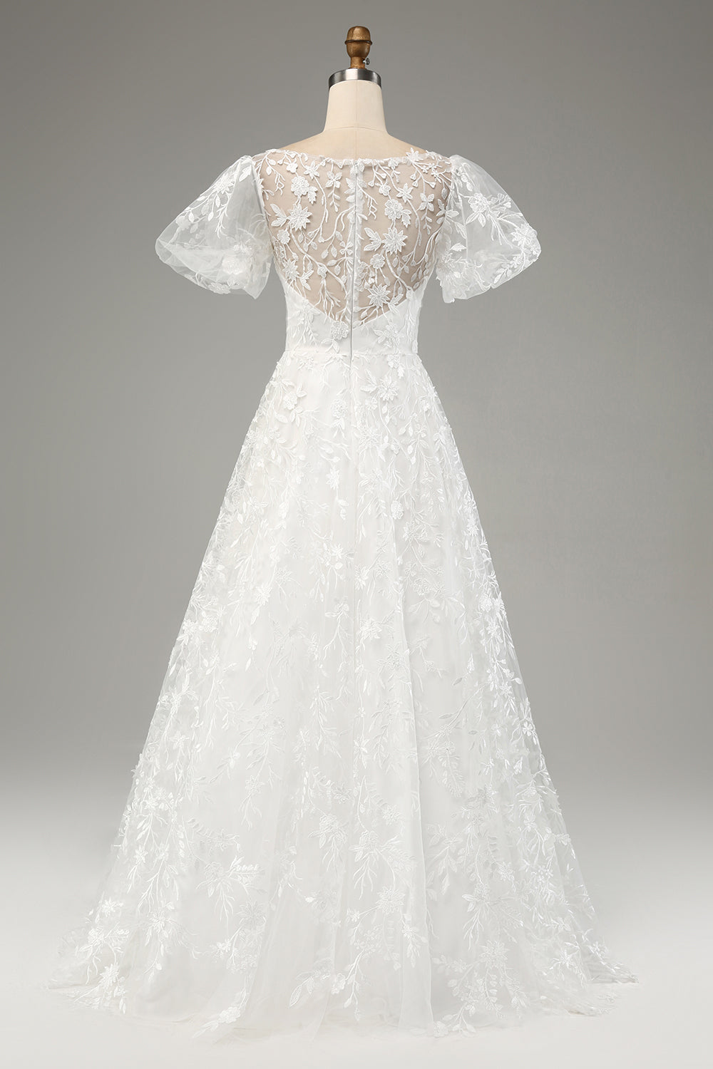 Ivory Ball-Gown/Princess Embroidered Long Wedding Dress with Short Sleeves Beautiful